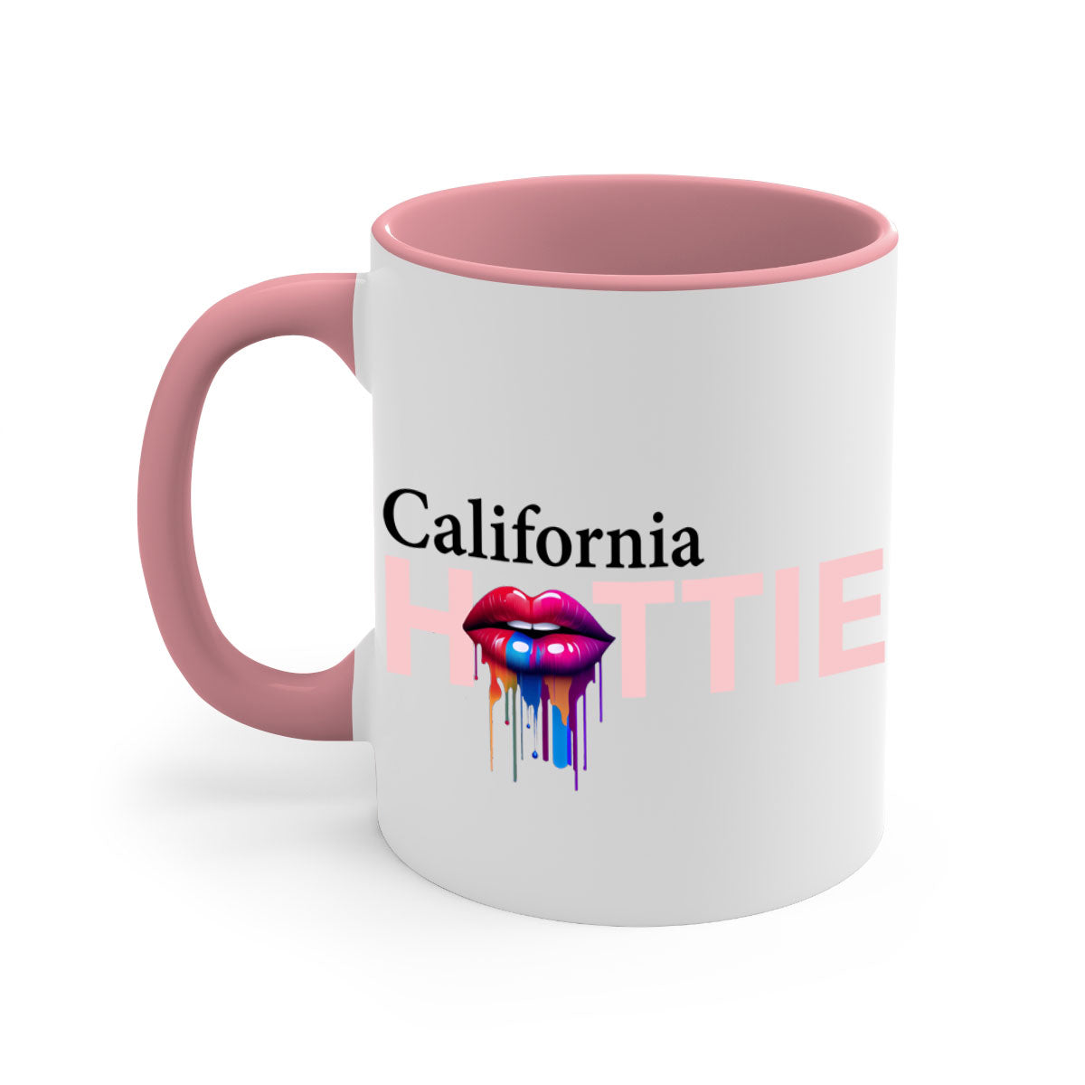 California Hottie Mug with dripping lips design, featuring a glossy finish and colorful handle, perfect for coffee and tea.