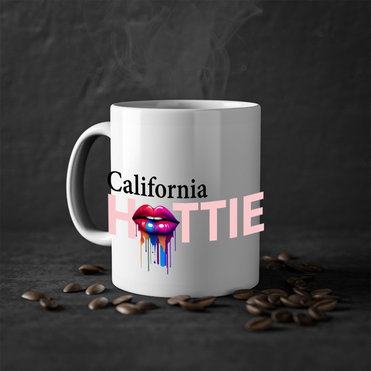 California Hottie Mug with dripping lips design, featuring a glossy finish and colorful handle, perfect for coffee and tea.