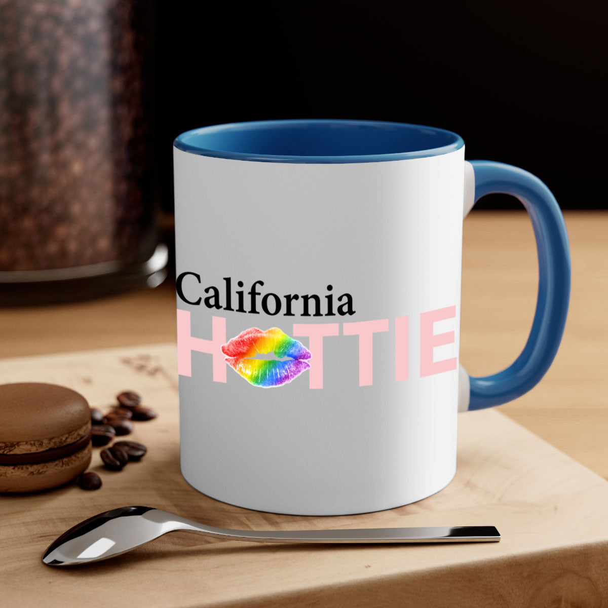 California Hottie Mug featuring rainbow lips design with a glossy finish and colorful handle.