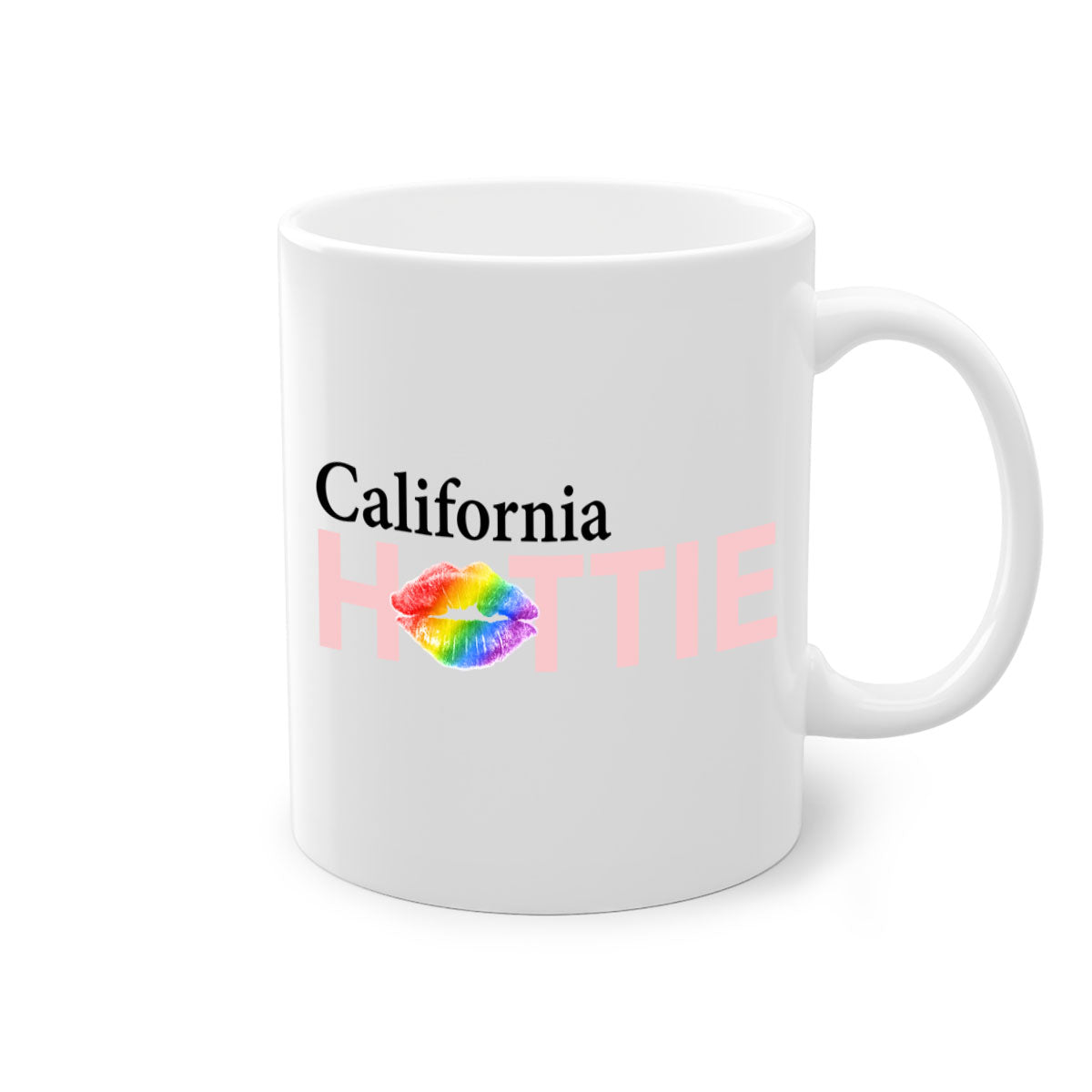 California Hottie Mug featuring rainbow lips design with a glossy finish and colorful handle.