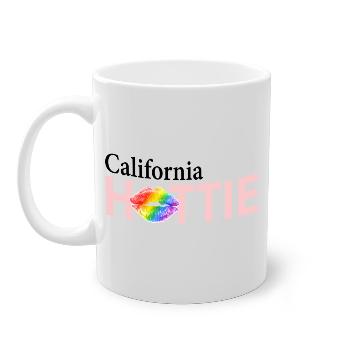 California Hottie Mug featuring rainbow lips design with a glossy finish and colorful handle.