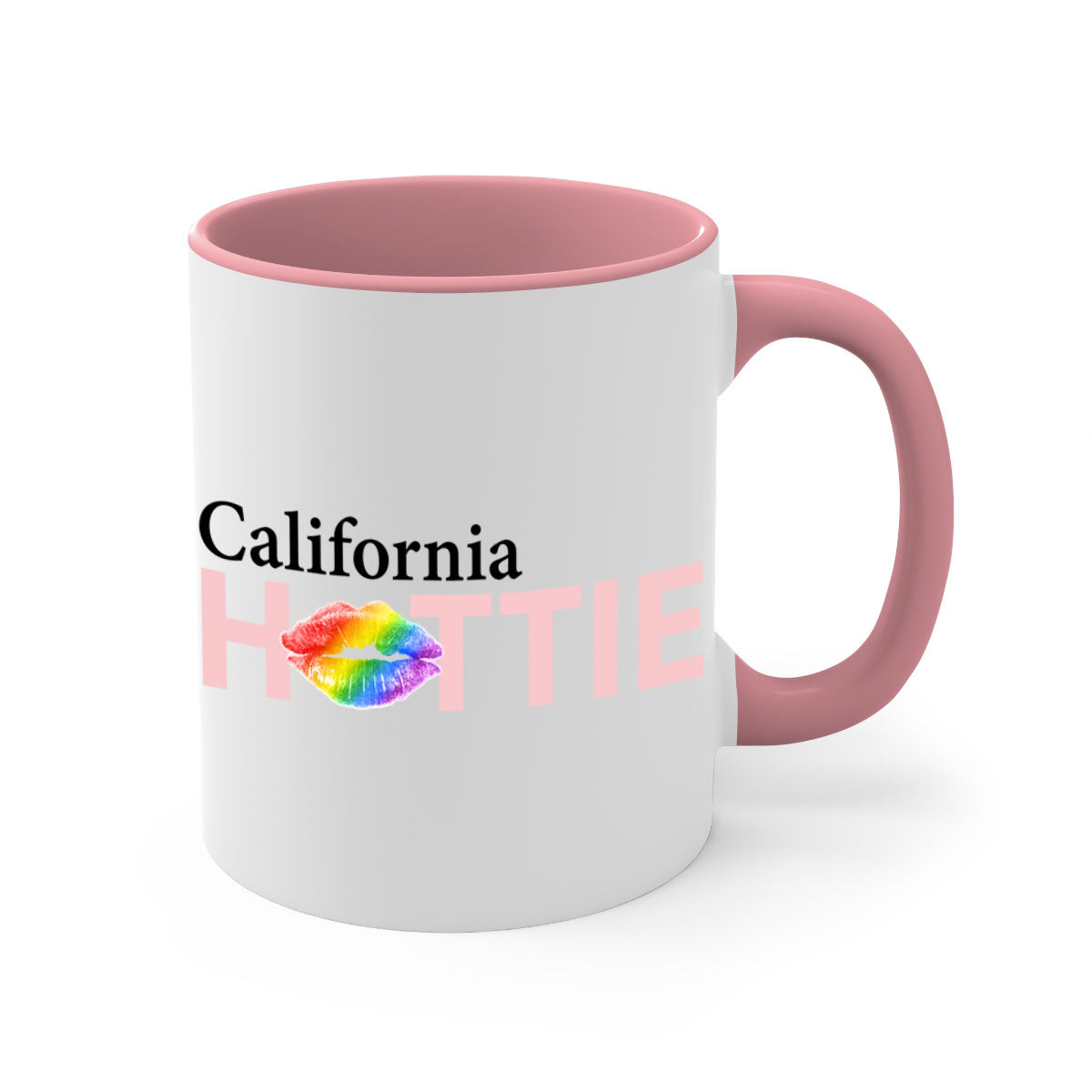 California Hottie Mug featuring rainbow lips design with a glossy finish and colorful handle.