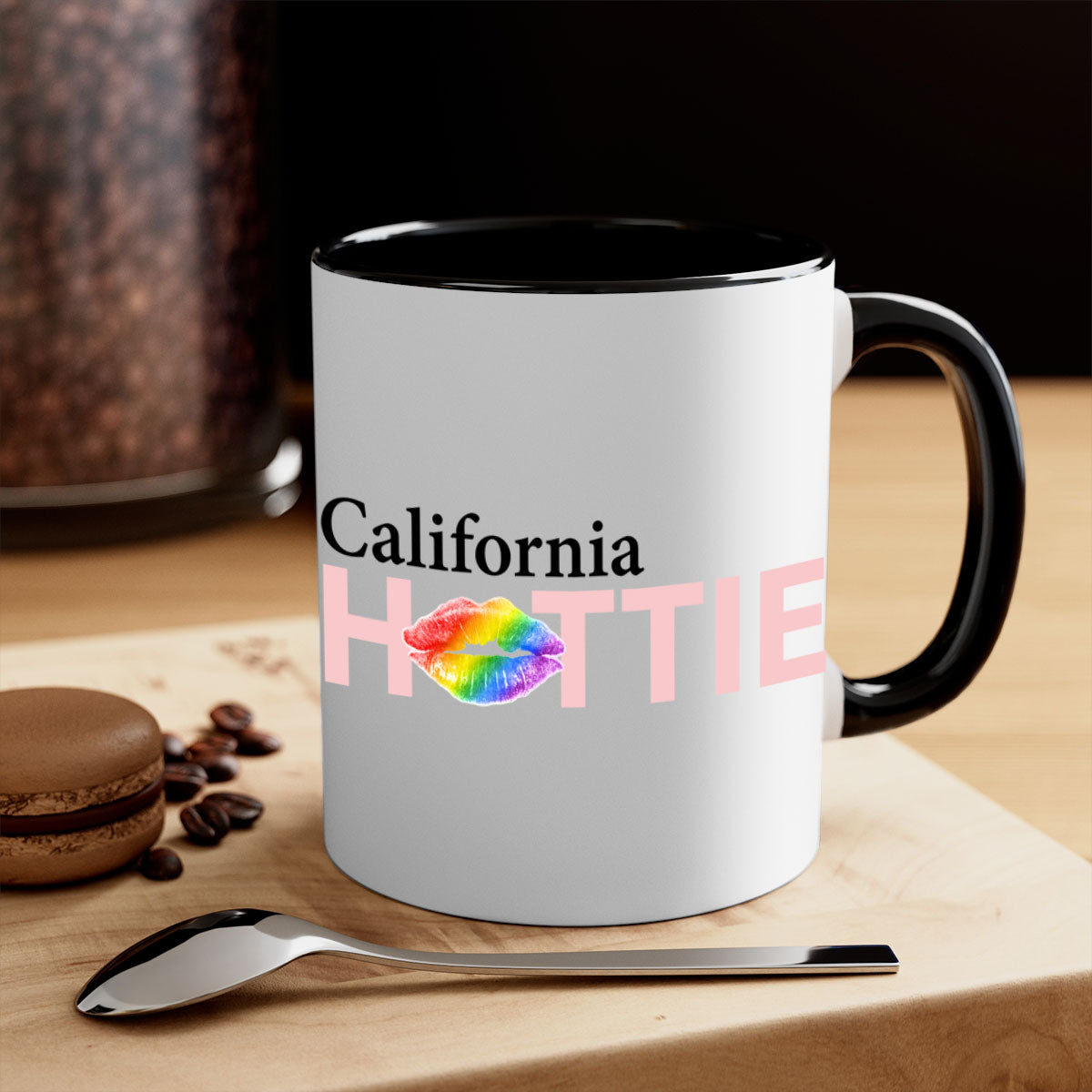 California Hottie Mug featuring rainbow lips design with a glossy finish and colorful handle.