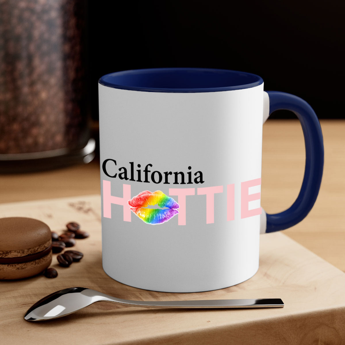 California Hottie Mug featuring rainbow lips design with a glossy finish and colorful handle.