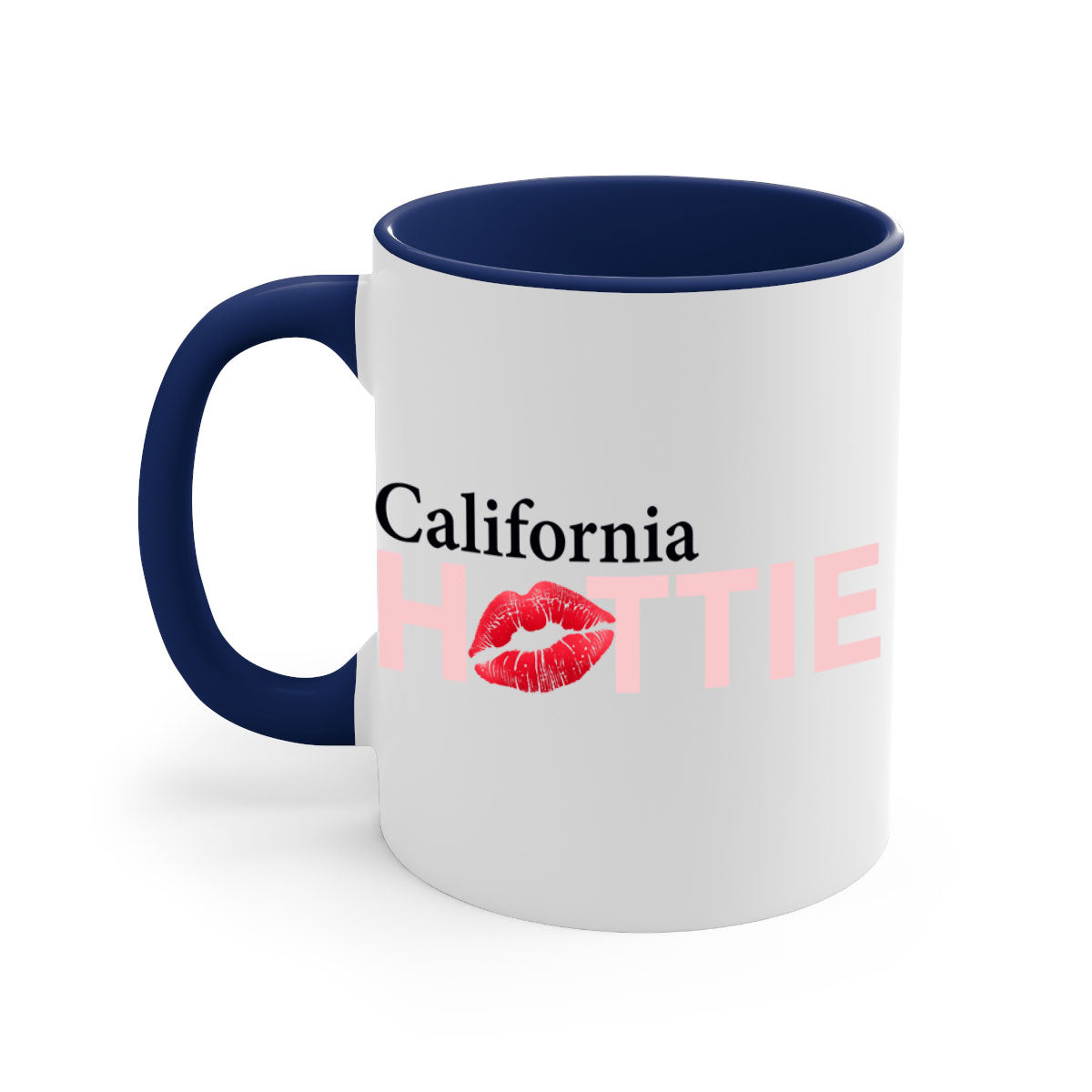 California Hottie With Red Lips Mug featuring a glossy finish and colorful handle, perfect for coffee and tea lovers.