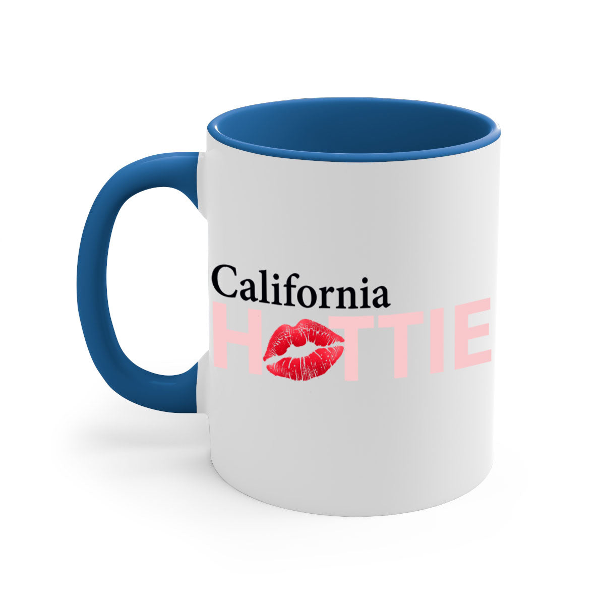 California Hottie With Red Lips Mug featuring a glossy finish and colorful handle, perfect for coffee and tea lovers.