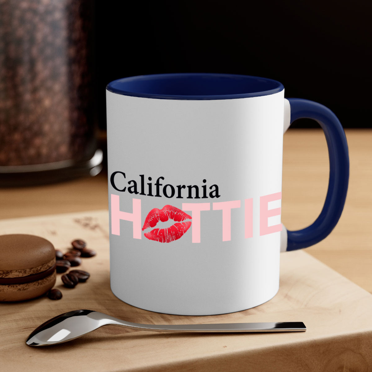 California Hottie With Red Lips Mug featuring a glossy finish and colorful handle, perfect for coffee and tea lovers.