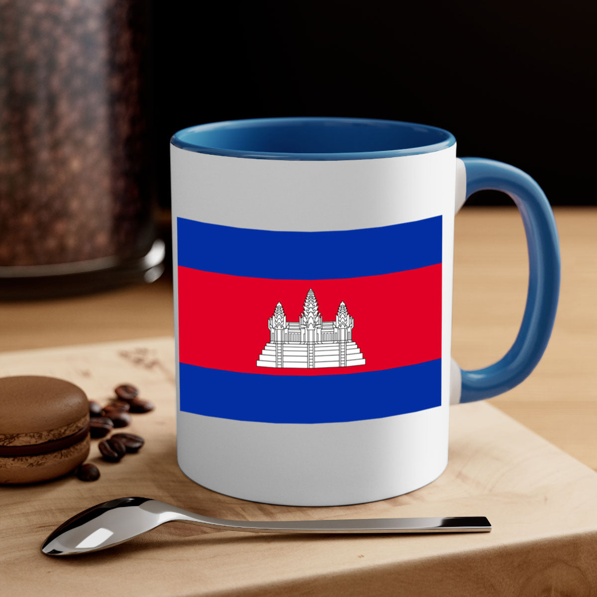 Cambodia 168# Mug featuring a glossy finish, colored handle, and interior, available in multiple colors and sizes.