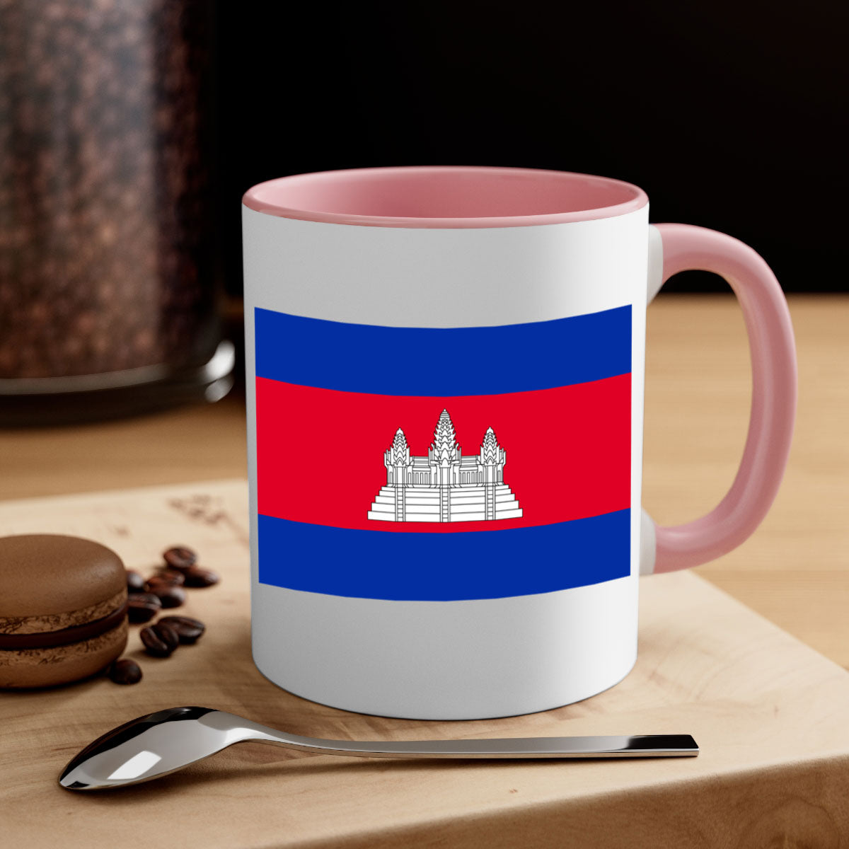 Cambodia 168# Mug featuring a glossy finish, colored handle, and interior, available in multiple colors and sizes.