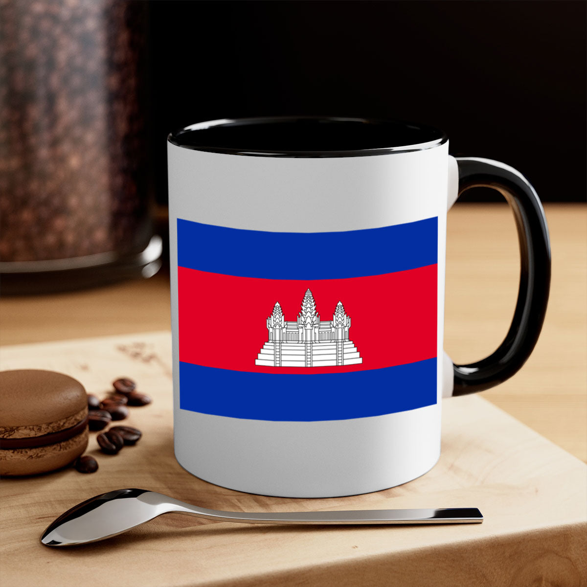 Cambodia 168# Mug featuring a glossy finish, colored handle, and interior, available in multiple colors and sizes.