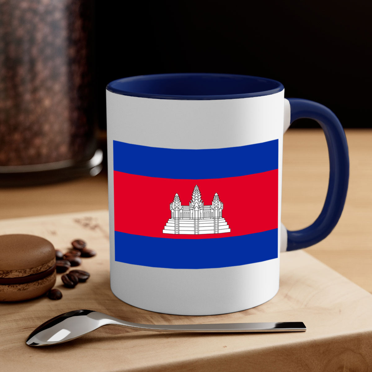 Cambodia 168# Mug featuring a glossy finish, colored handle, and interior, available in multiple colors and sizes.