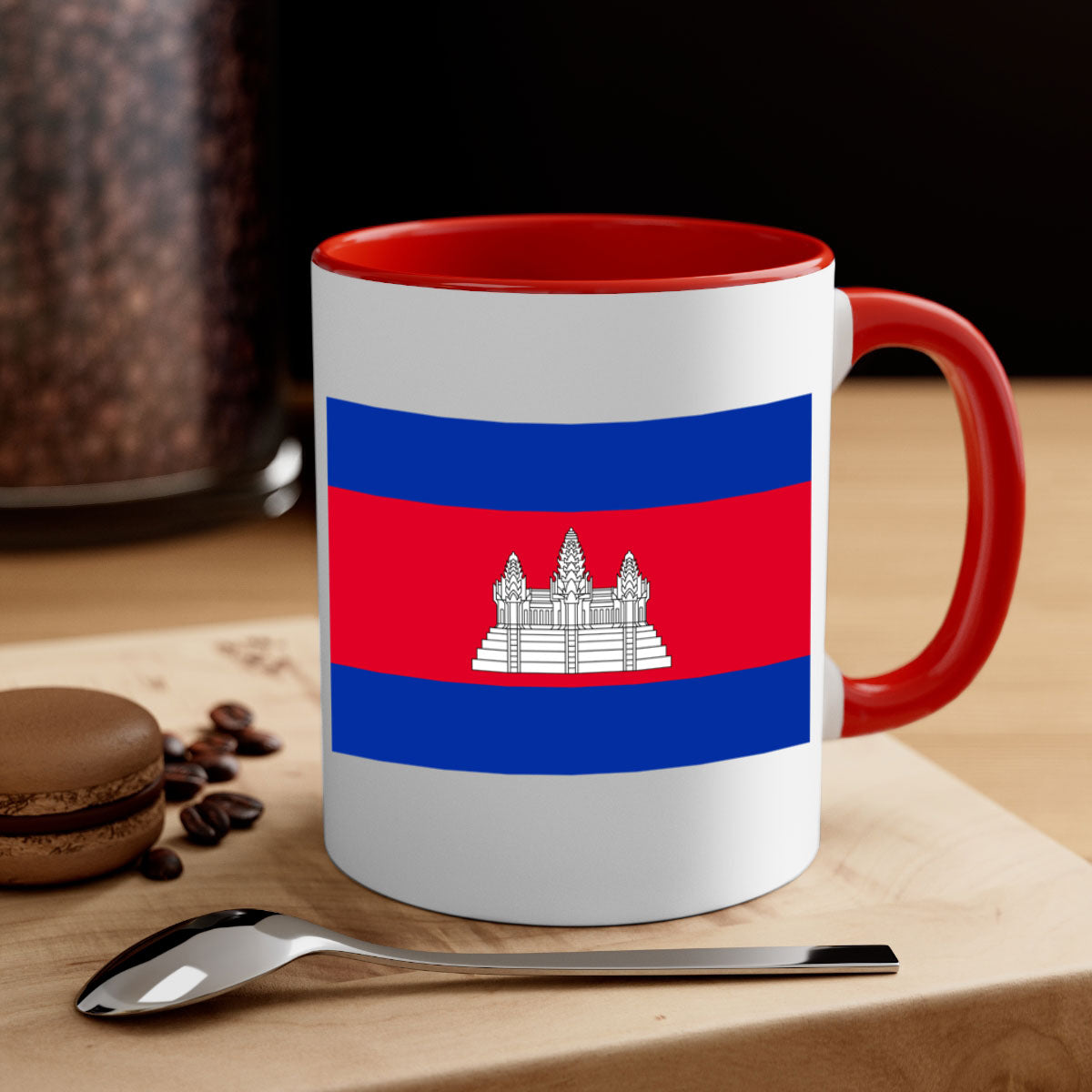 Cambodia 168# Mug featuring a glossy finish, colored handle, and interior, available in multiple colors and sizes.