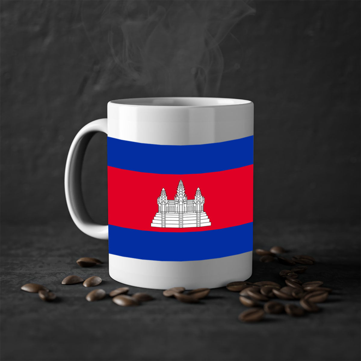 Cambodia 168# Mug featuring a glossy finish, colored handle, and interior, available in multiple colors and sizes.