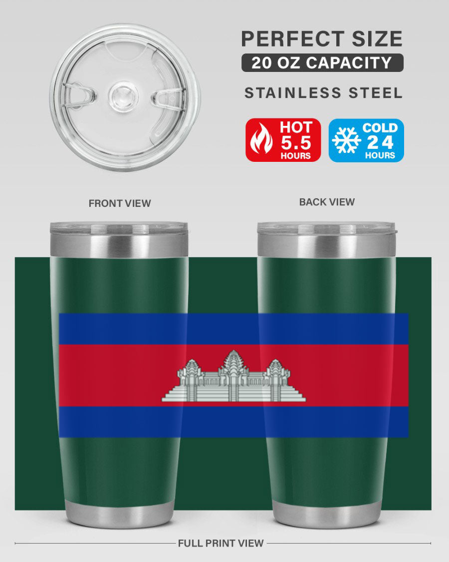 Cambodia 168# Tumbler featuring the Cambodian flag design, made of stainless steel with a drink-thru lid.