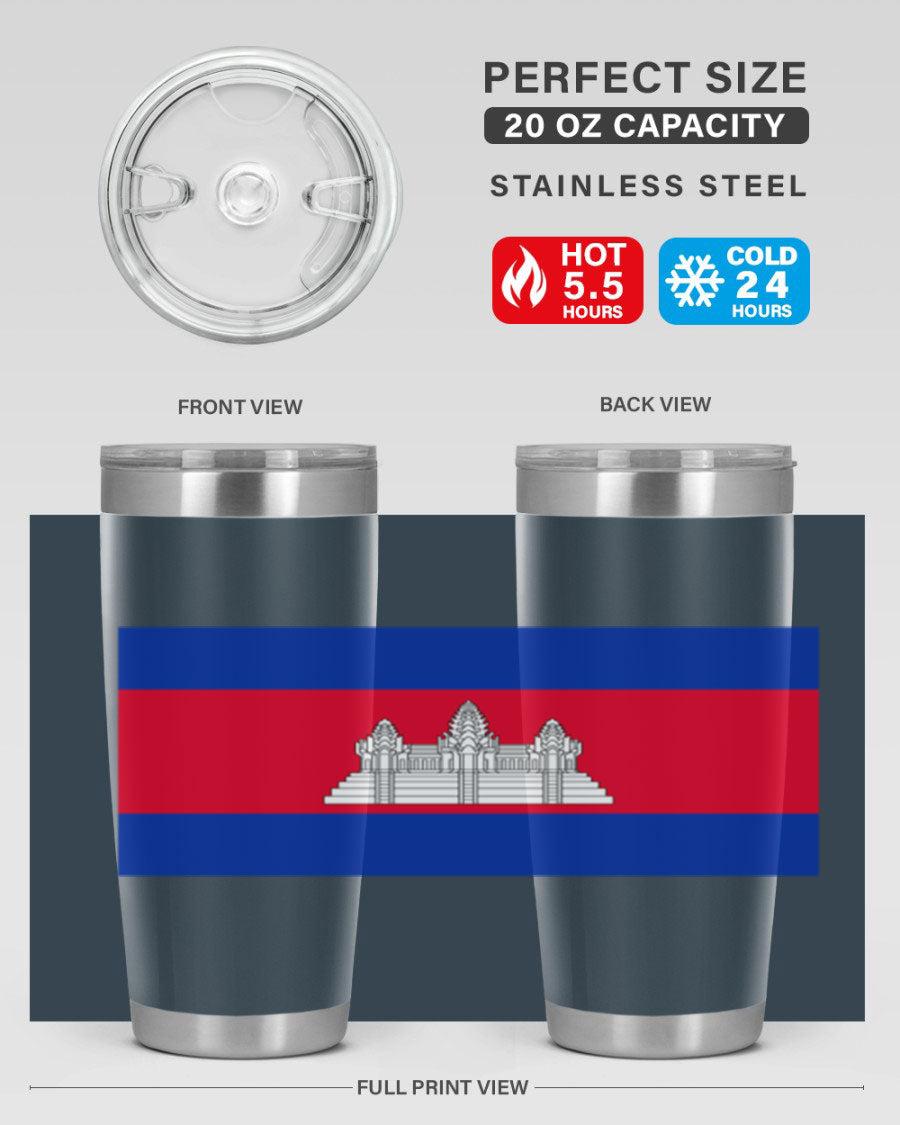 Cambodia 168# Tumbler featuring the Cambodian flag design, made of stainless steel with a drink-thru lid.