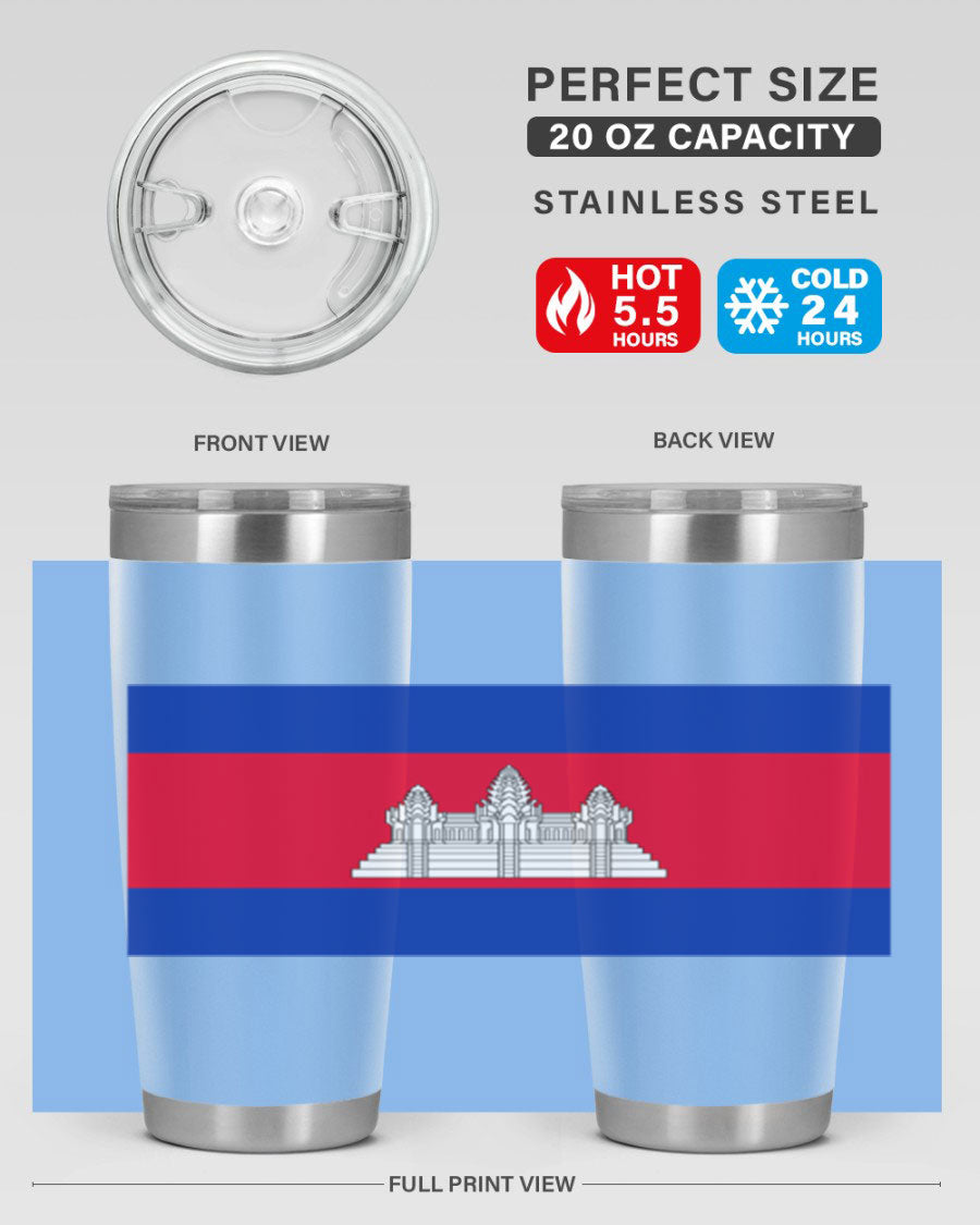 Cambodia 168# Tumbler featuring the Cambodian flag design, made of stainless steel with a drink-thru lid.