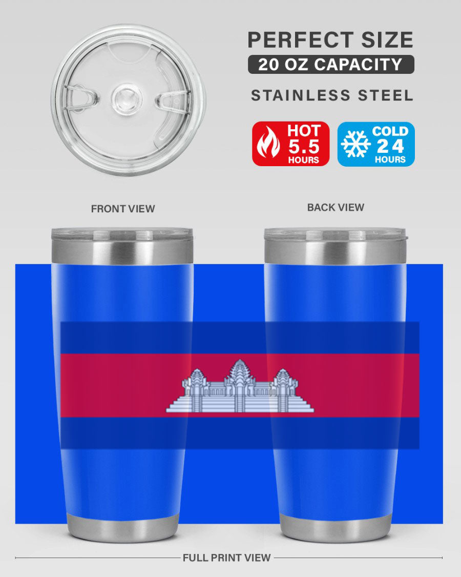 Cambodia 168# Tumbler featuring the Cambodian flag design, made of stainless steel with a drink-thru lid.