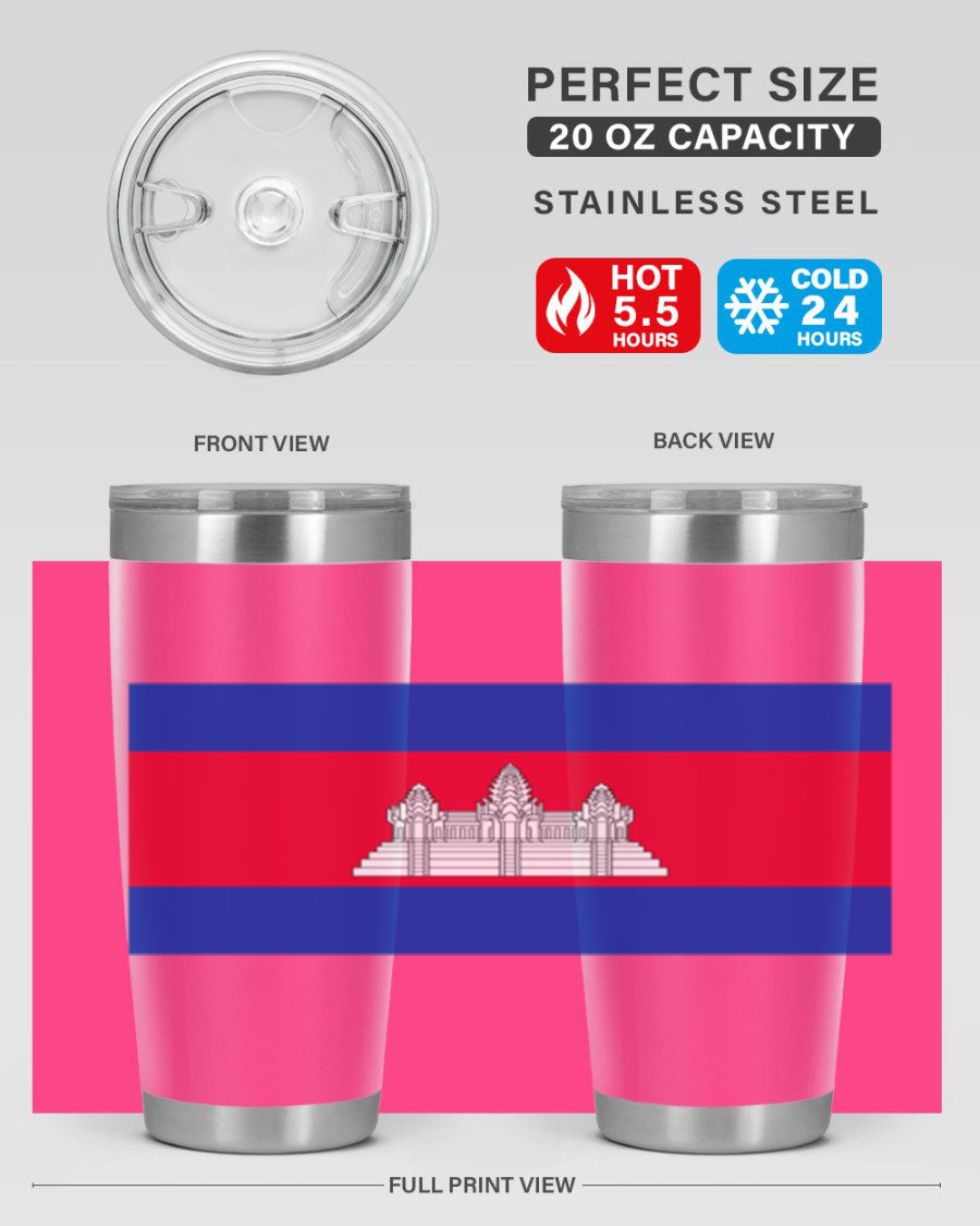 Cambodia 168# Tumbler featuring the Cambodian flag design, made of stainless steel with a drink-thru lid.