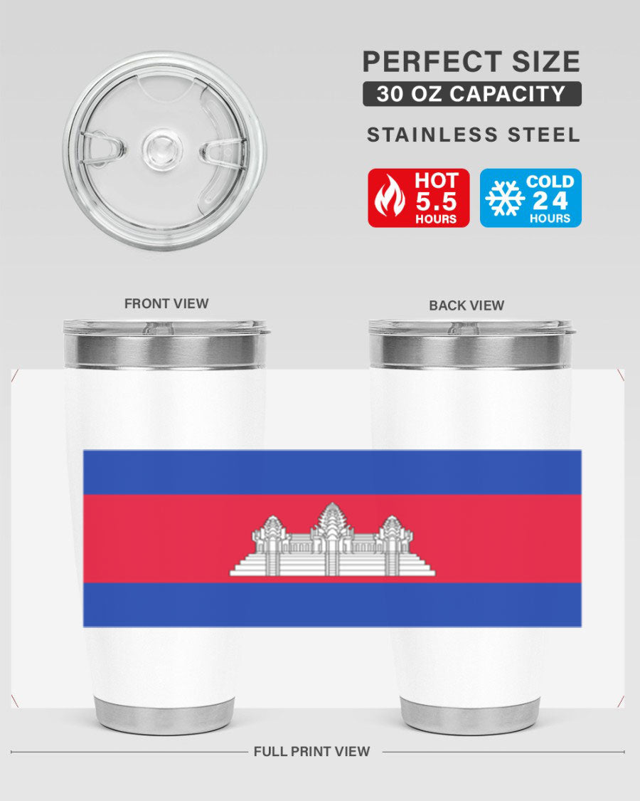 Cambodia 168# Tumbler featuring the Cambodian flag design, made of stainless steel with a drink-thru lid.