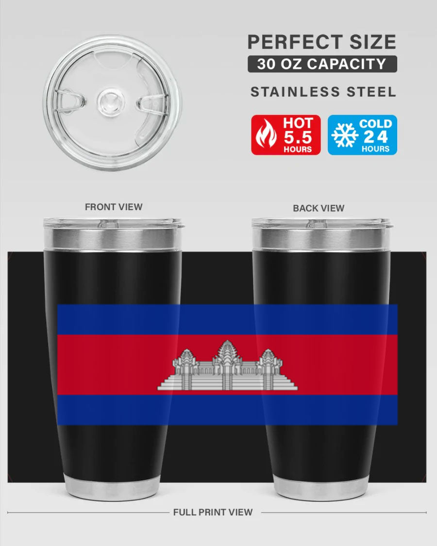 Cambodia 168# Tumbler featuring the Cambodian flag design, made of stainless steel with a drink-thru lid.