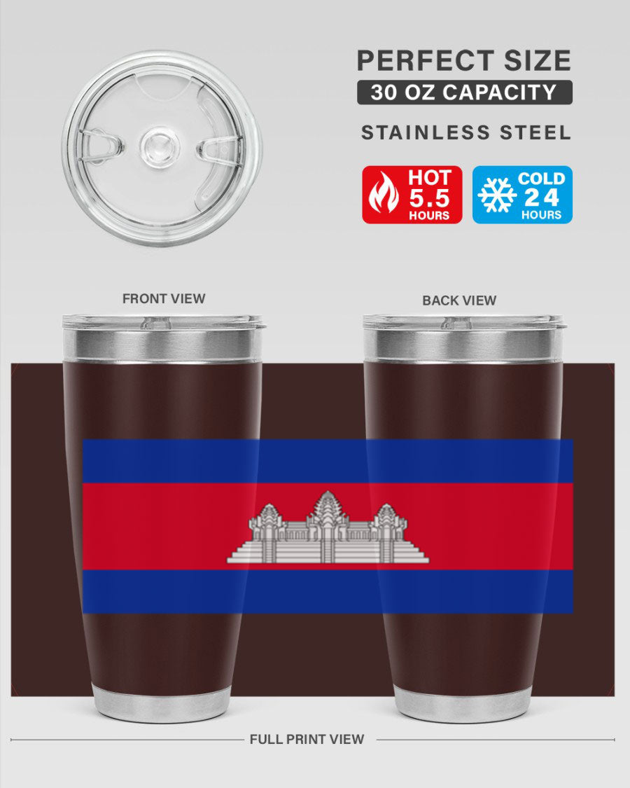 Cambodia 168# Tumbler featuring the Cambodian flag design, made of stainless steel with a drink-thru lid.