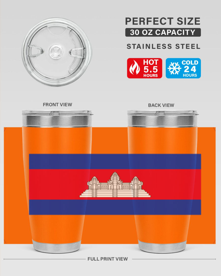 Cambodia 168# Tumbler featuring the Cambodian flag design, made of stainless steel with a drink-thru lid.