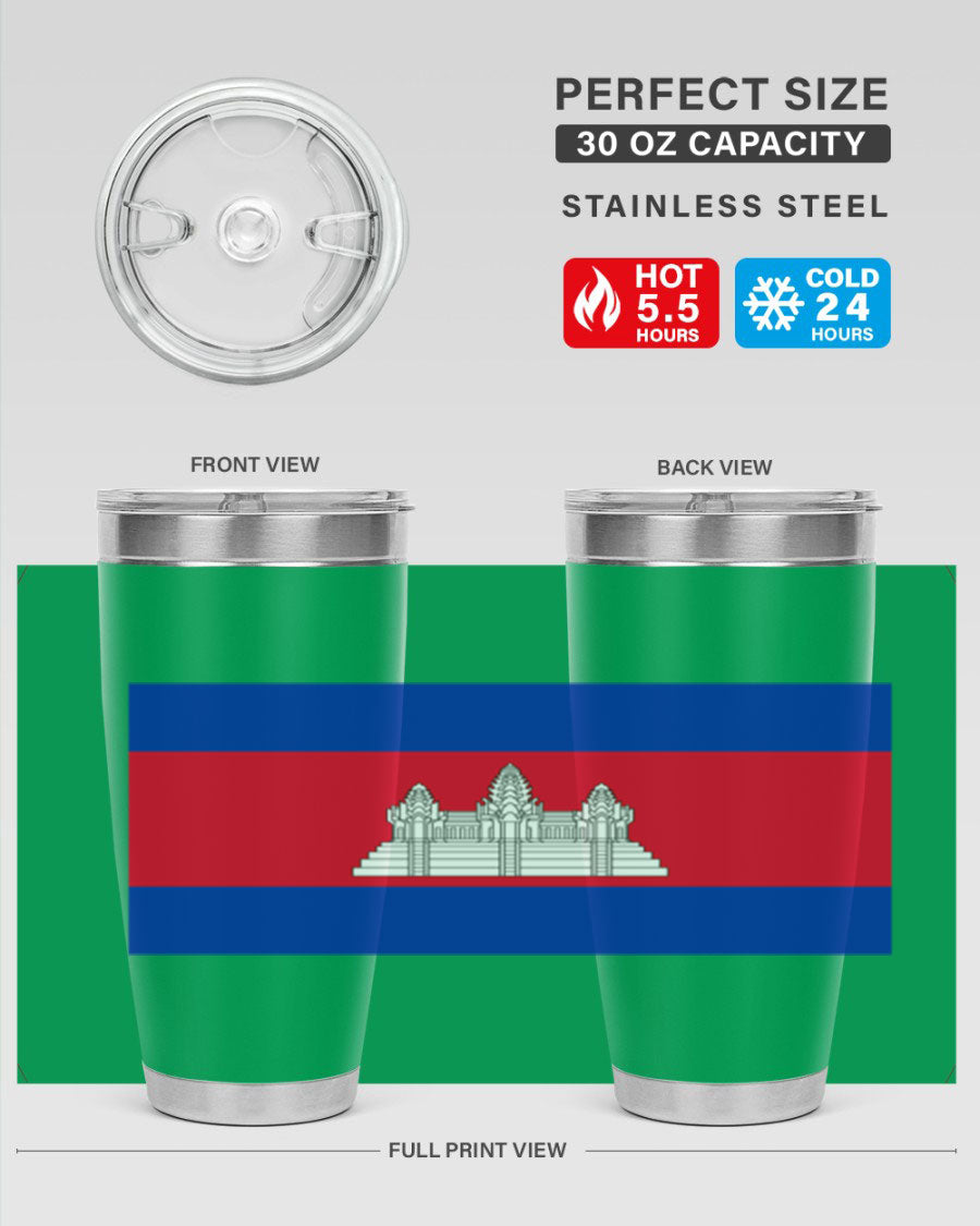 Cambodia 168# Tumbler featuring the Cambodian flag design, made of stainless steel with a drink-thru lid.