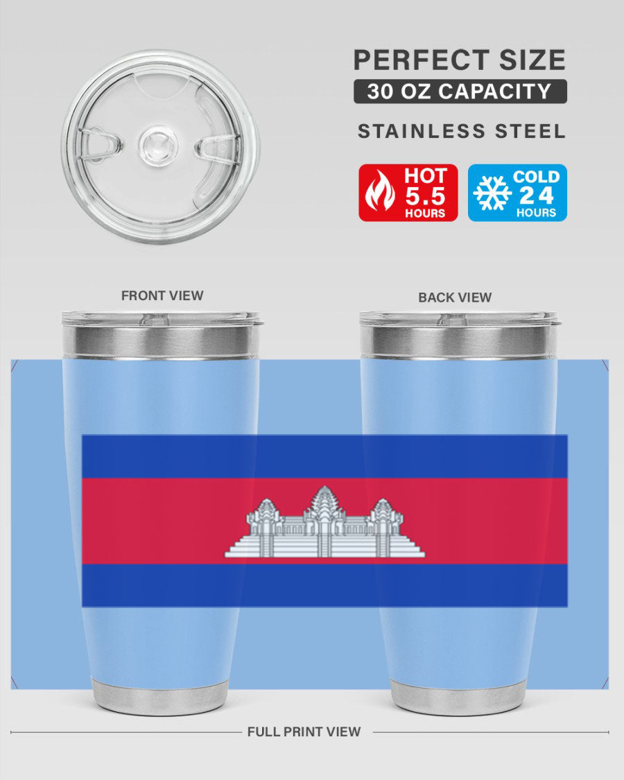 Cambodia 168# Tumbler featuring the Cambodian flag design, made of stainless steel with a drink-thru lid.