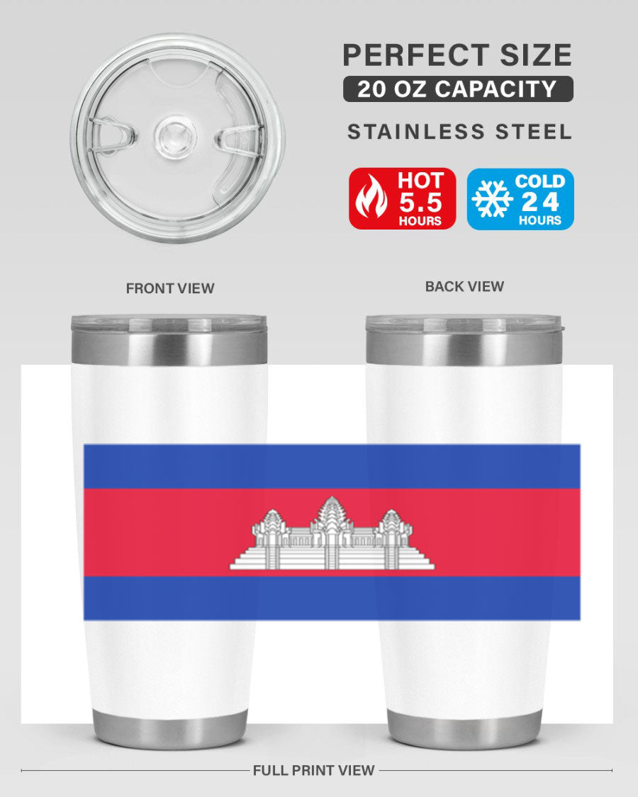 Cambodia 168# Tumbler featuring the Cambodian flag design, made of stainless steel with a drink-thru lid.