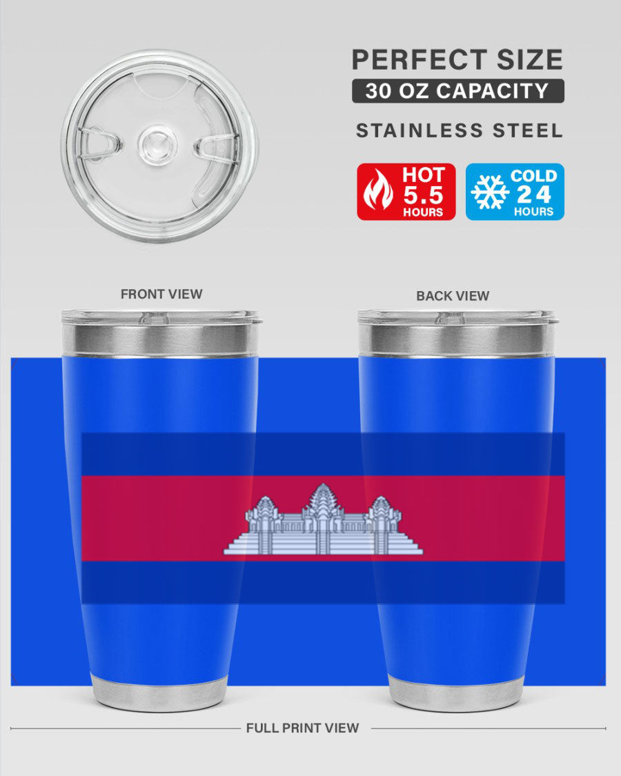 Cambodia 168# Tumbler featuring the Cambodian flag design, made of stainless steel with a drink-thru lid.