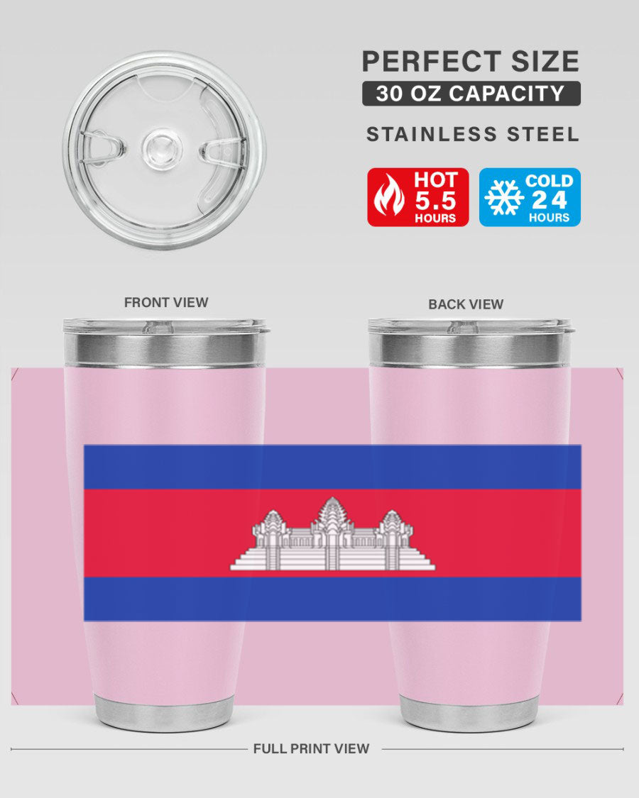 Cambodia 168# Tumbler featuring the Cambodian flag design, made of stainless steel with a drink-thru lid.