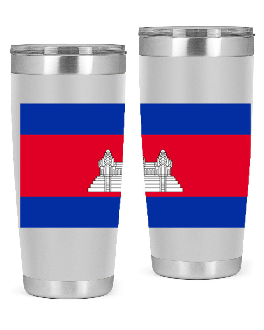 Cambodia 168# Tumbler featuring the Cambodian flag design, made of stainless steel with a drink-thru lid.