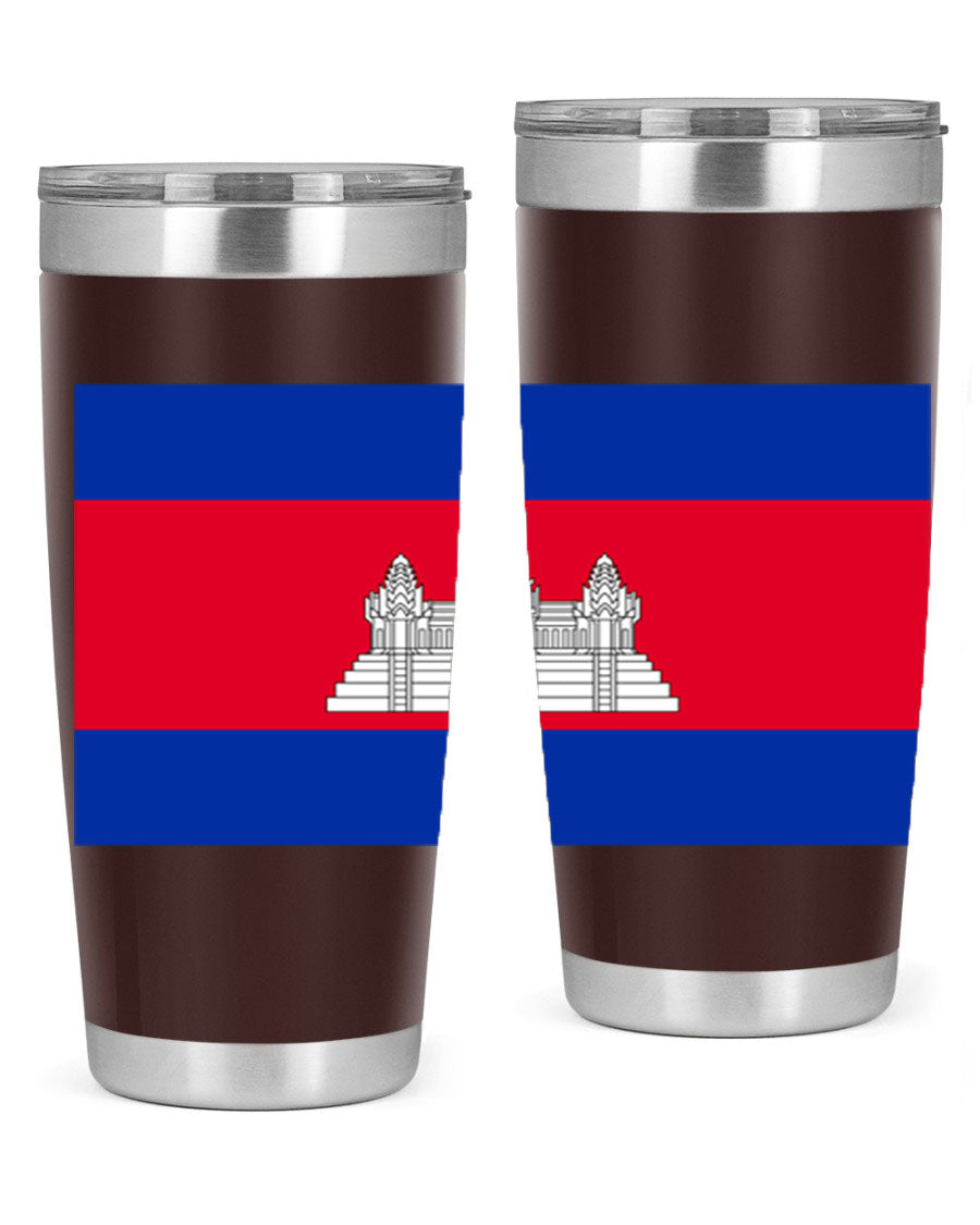 Cambodia 168# Tumbler featuring the Cambodian flag design, made of stainless steel with a drink-thru lid.