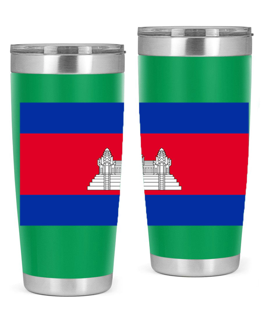 Cambodia 168# Tumbler featuring the Cambodian flag design, made of stainless steel with a drink-thru lid.