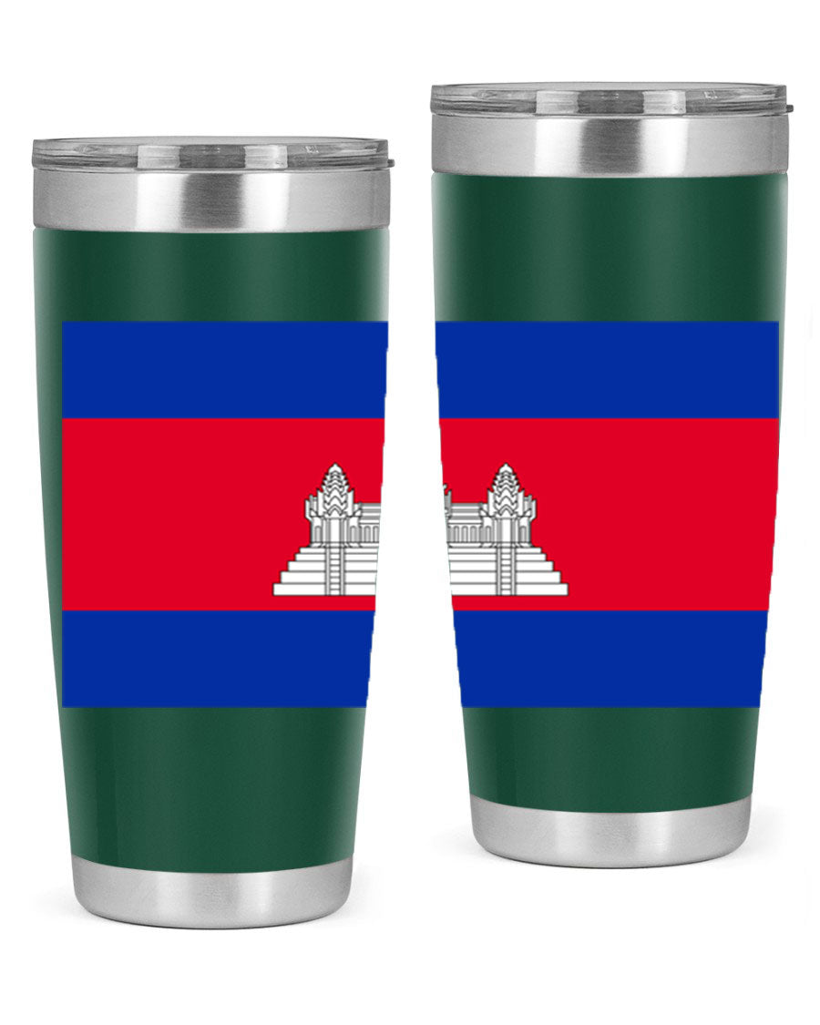 Cambodia 168# Tumbler featuring the Cambodian flag design, made of stainless steel with a drink-thru lid.