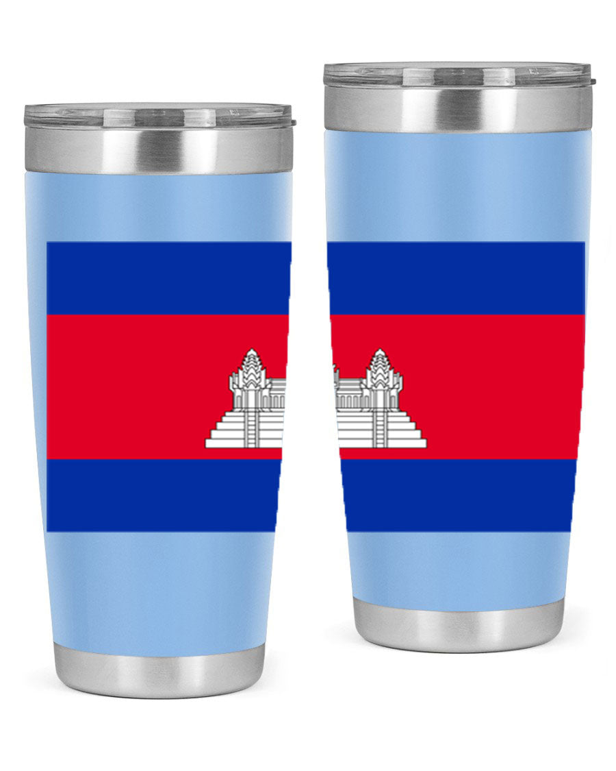 Cambodia 168# Tumbler featuring the Cambodian flag design, made of stainless steel with a drink-thru lid.