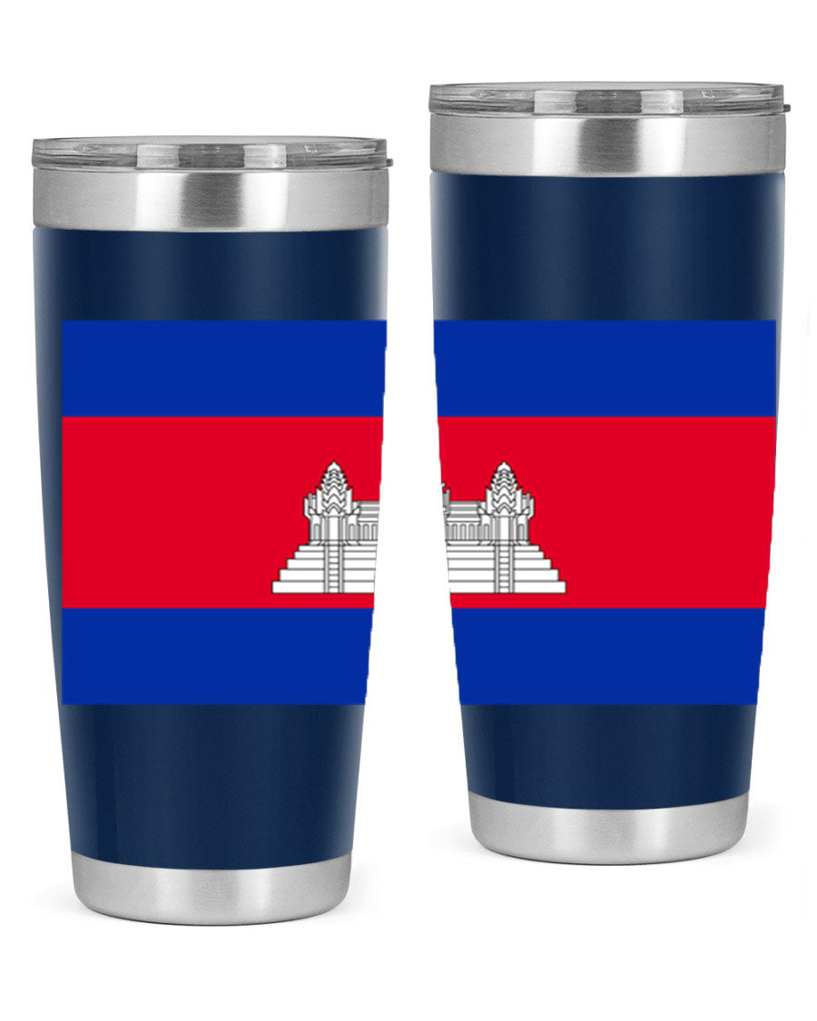 Cambodia 168# Tumbler featuring the Cambodian flag design, made of stainless steel with a drink-thru lid.