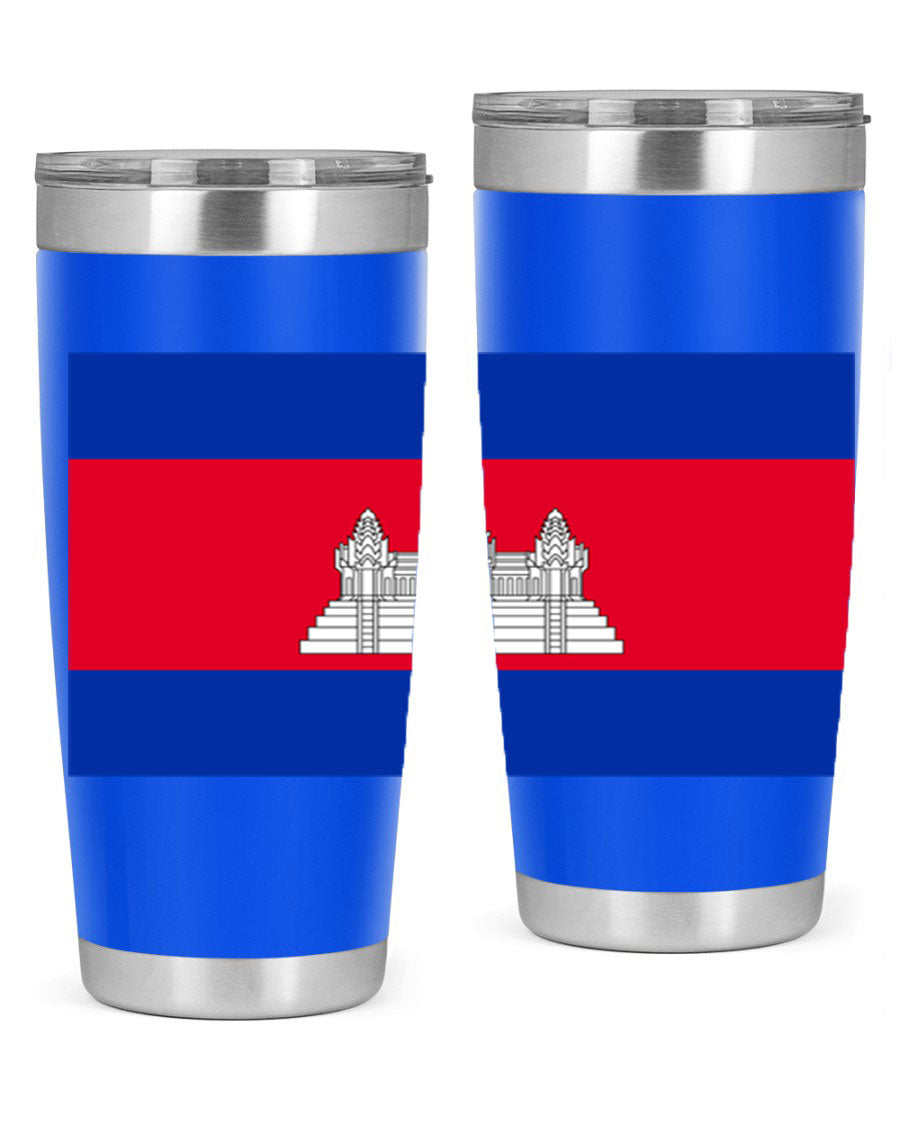 Cambodia 168# Tumbler featuring the Cambodian flag design, made of stainless steel with a drink-thru lid.