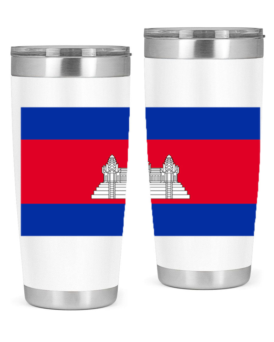 Cambodia 168# Tumbler featuring the Cambodian flag design, made of stainless steel with a drink-thru lid.