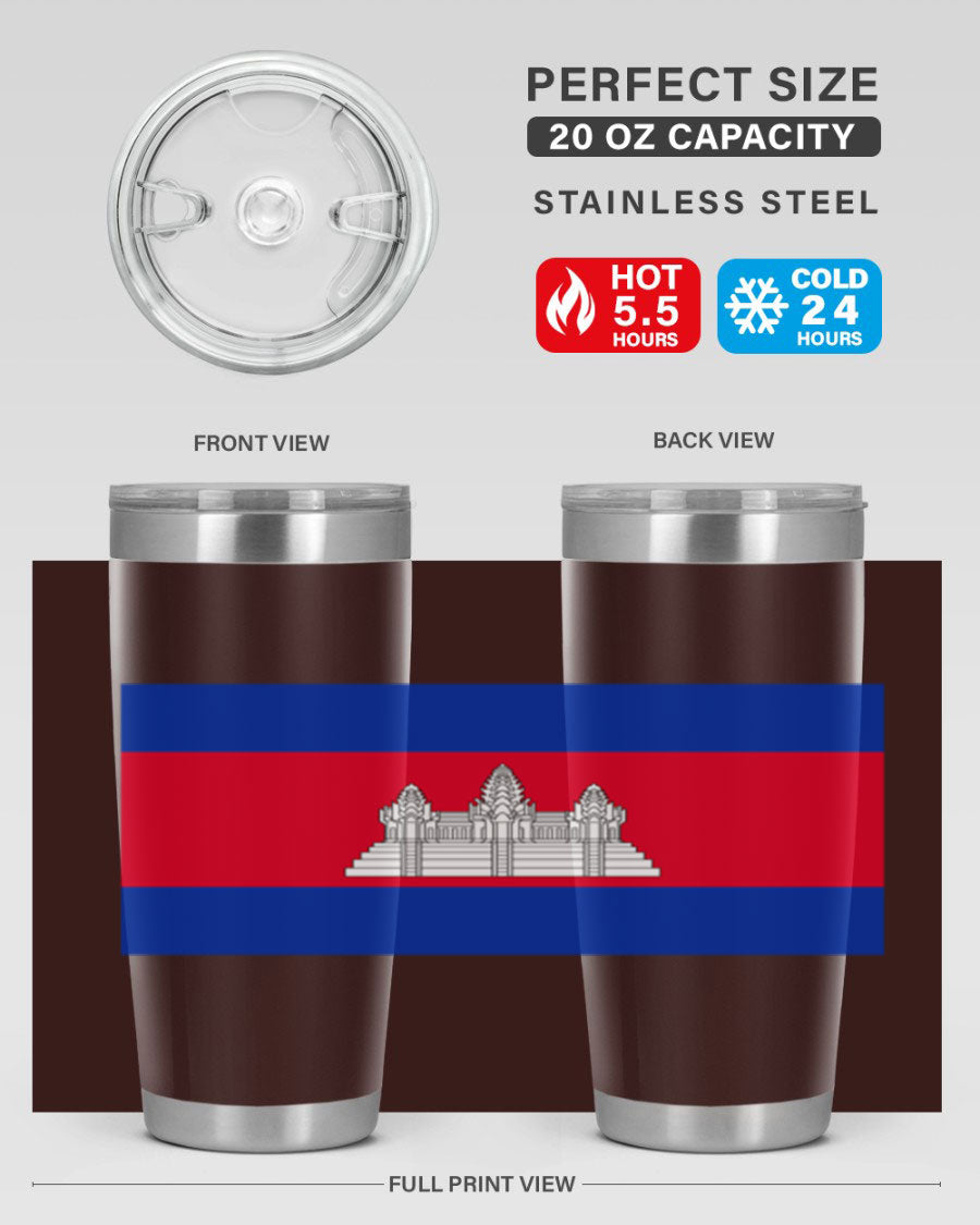 Cambodia 168# Tumbler featuring the Cambodian flag design, made of stainless steel with a drink-thru lid.