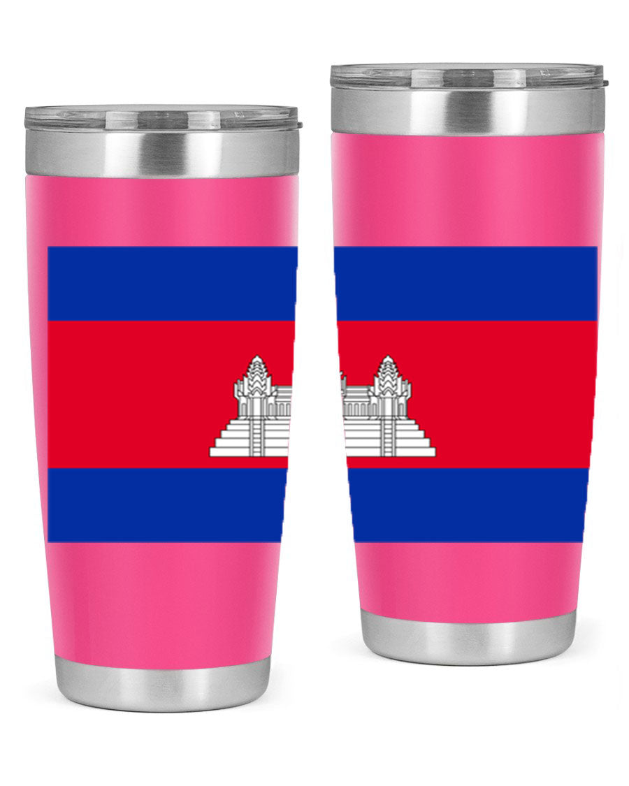 Cambodia 168# Tumbler featuring the Cambodian flag design, made of stainless steel with a drink-thru lid.