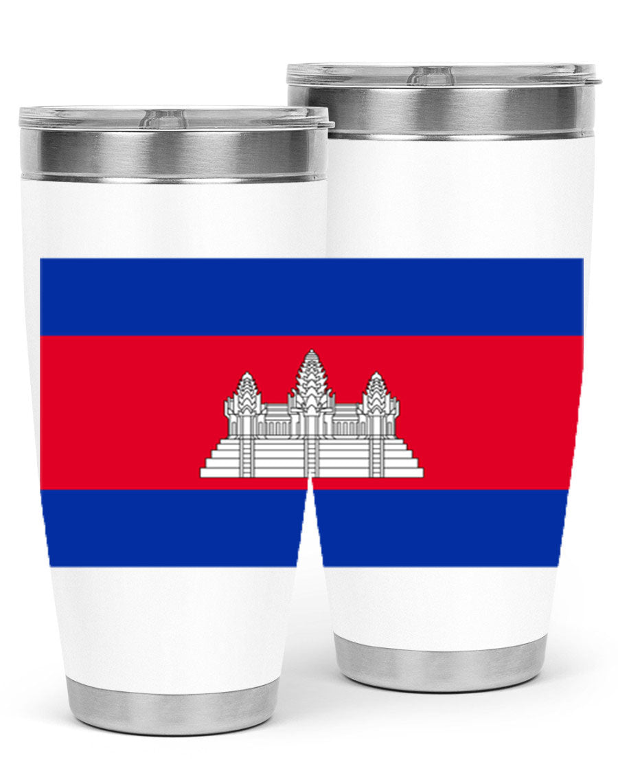 Cambodia 168# Tumbler featuring the Cambodian flag design, made of stainless steel with a drink-thru lid.