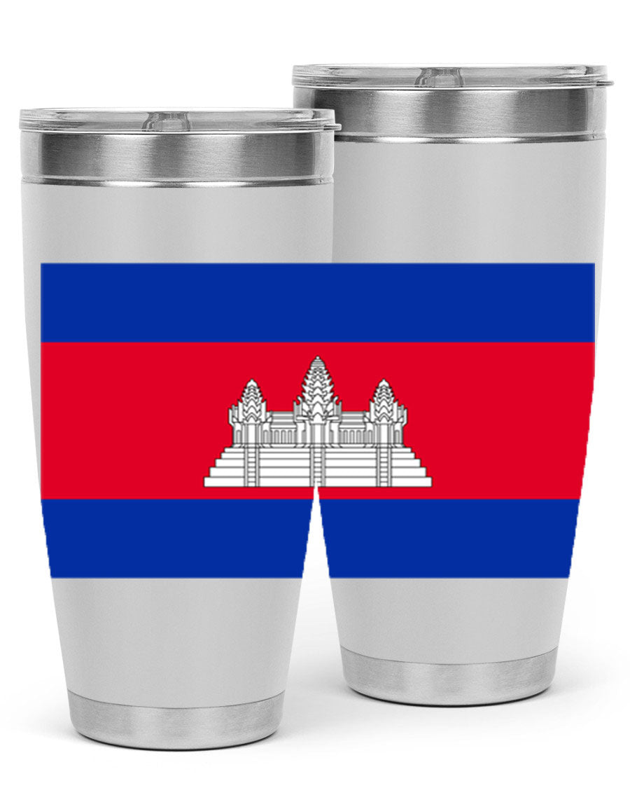 Cambodia 168# Tumbler featuring the Cambodian flag design, made of stainless steel with a drink-thru lid.