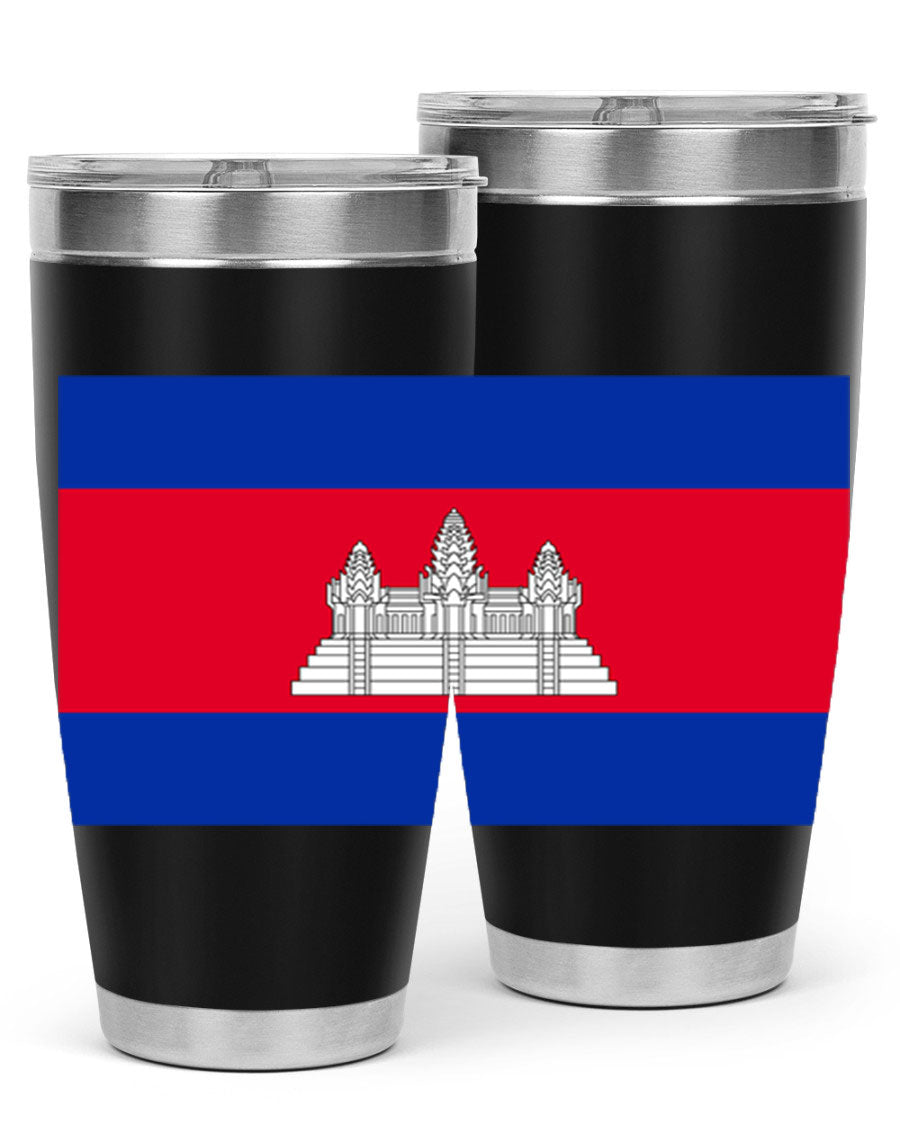 Cambodia 168# Tumbler featuring the Cambodian flag design, made of stainless steel with a drink-thru lid.