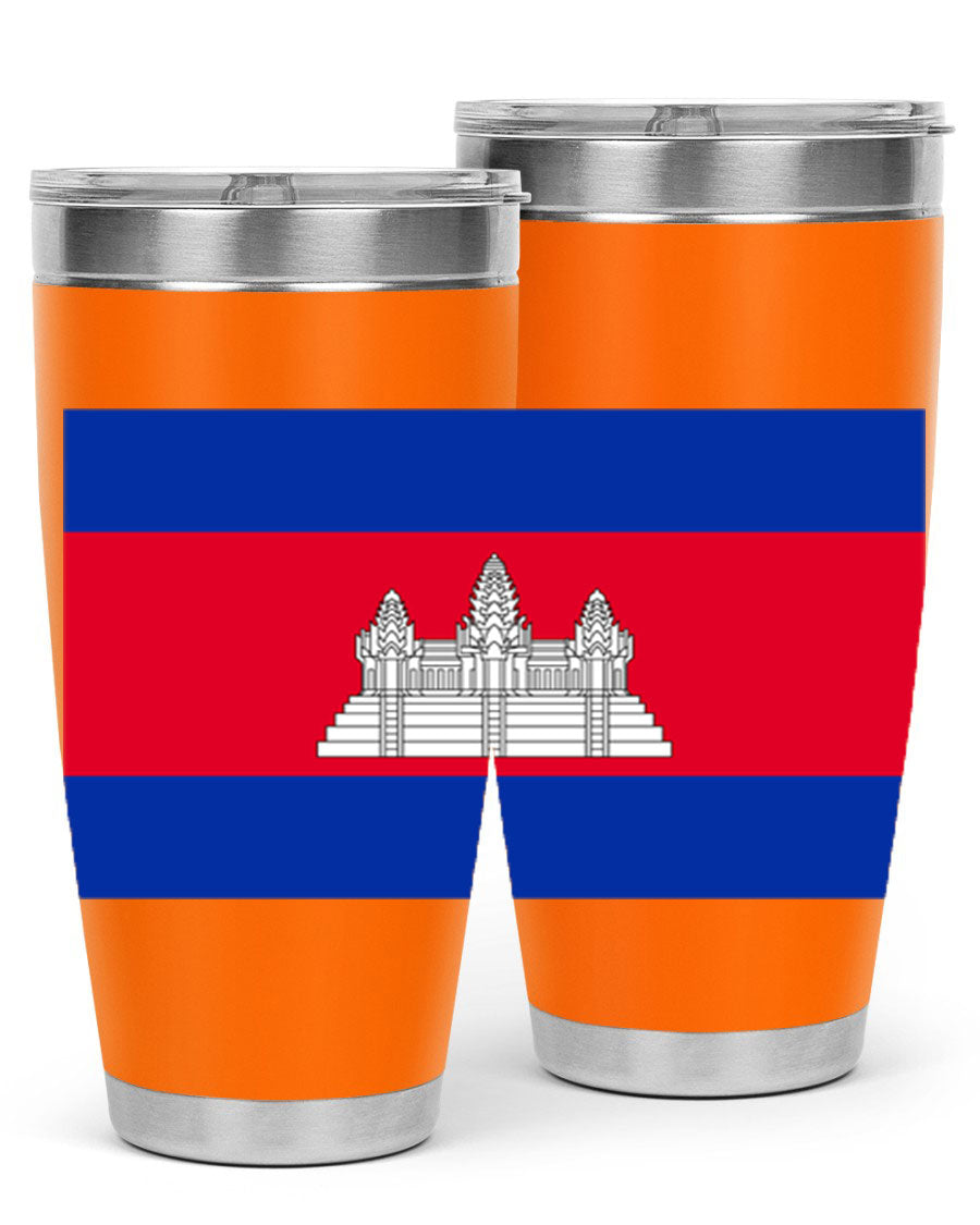 Cambodia 168# Tumbler featuring the Cambodian flag design, made of stainless steel with a drink-thru lid.