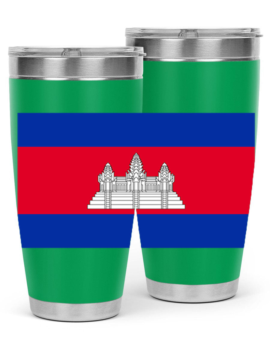 Cambodia 168# Tumbler featuring the Cambodian flag design, made of stainless steel with a drink-thru lid.