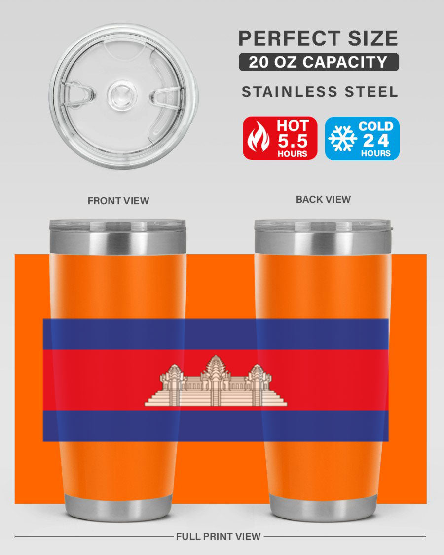 Cambodia 168# Tumbler featuring the Cambodian flag design, made of stainless steel with a drink-thru lid.