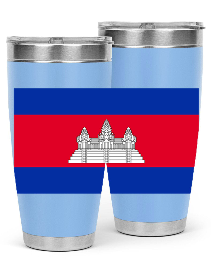 Cambodia 168# Tumbler featuring the Cambodian flag design, made of stainless steel with a drink-thru lid.