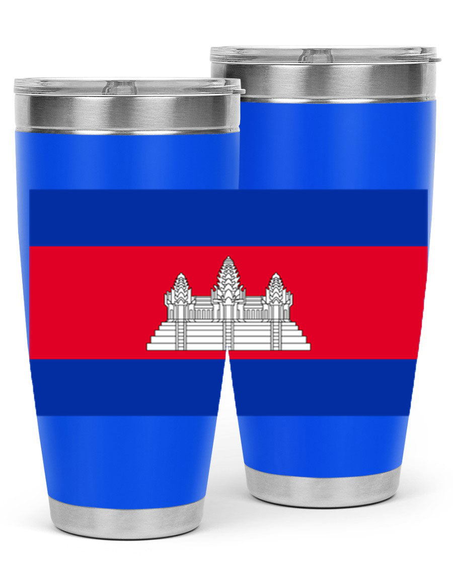 Cambodia 168# Tumbler featuring the Cambodian flag design, made of stainless steel with a drink-thru lid.