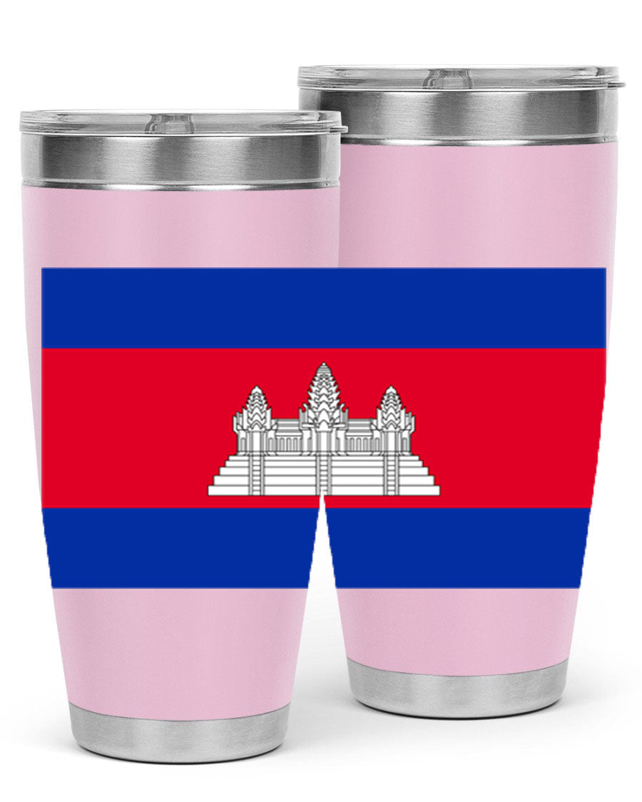 Cambodia 168# Tumbler featuring the Cambodian flag design, made of stainless steel with a drink-thru lid.